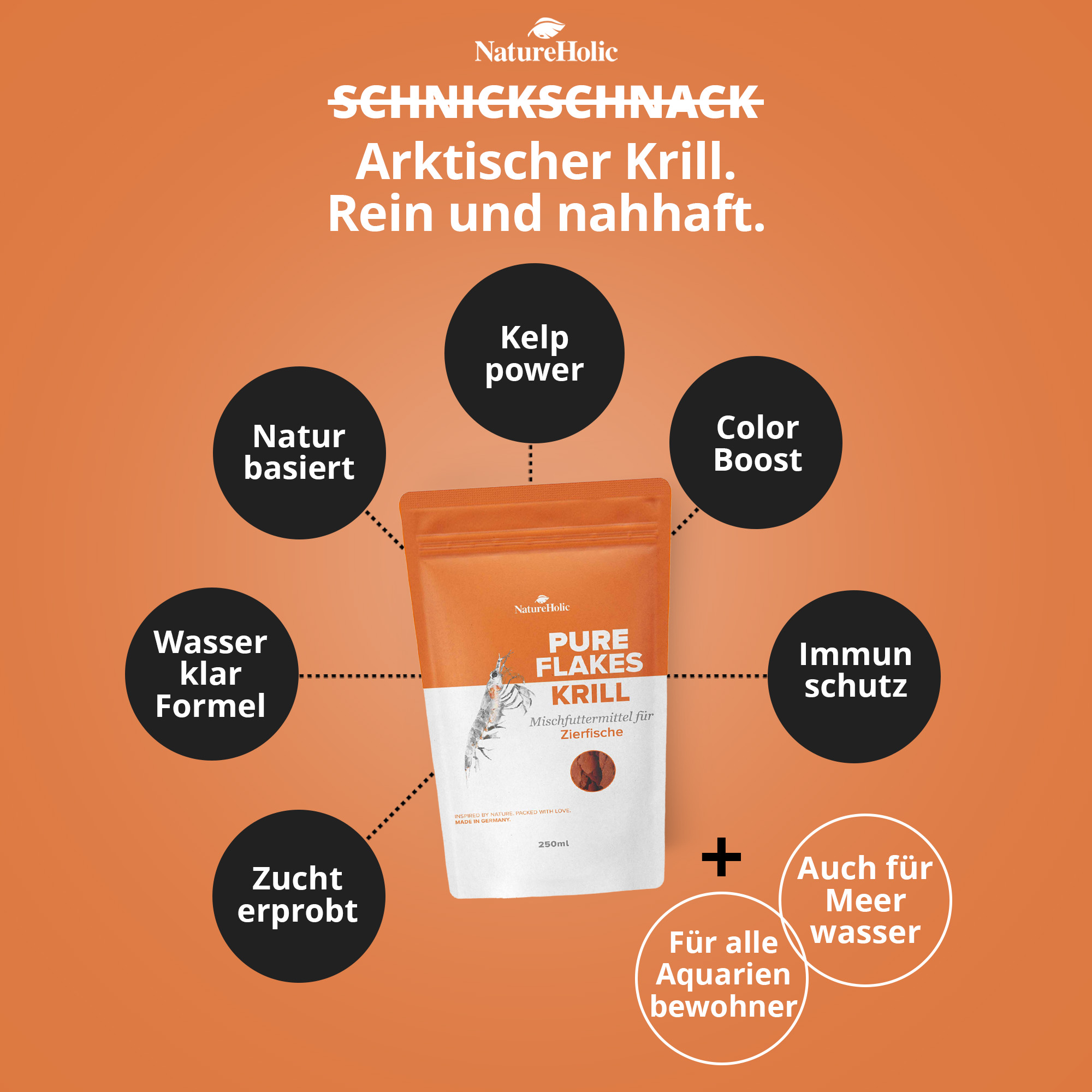 Pure Flakes Krill Flockenfutter vor orange Hintergrund